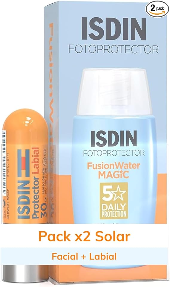 Protector Solar Facial de Textura Ultraligera Isdin Fusion Water Magic SPF 50 y Protector Labial SPF 30